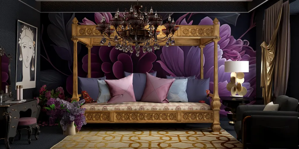 a large bed with a large floral arrangement 