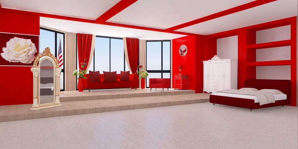 a room with a red bed and a red wall 