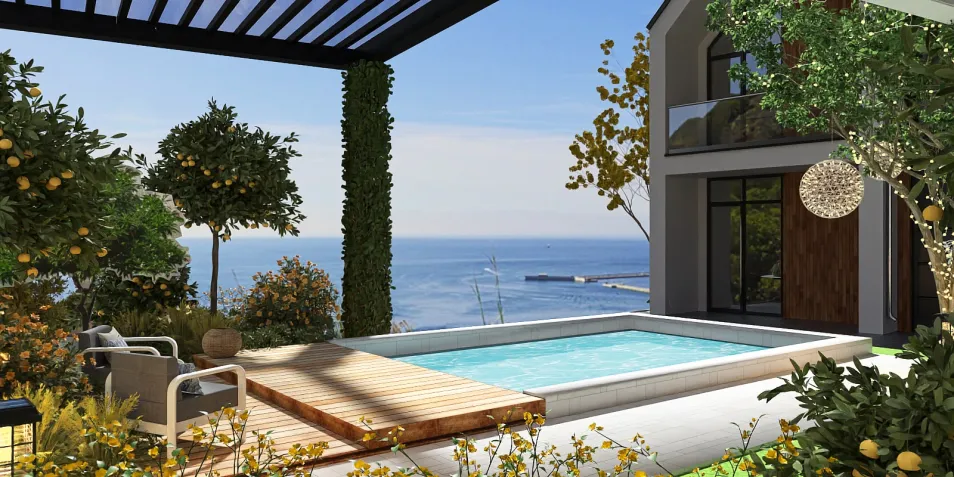 outdoor swimming pool with wooden deck and lounge chairs overlooking the ocean with greenery and flowering plants, showcasing a modern coastal style, highlighting Homestyler's real-time 3D rendering feature for effective design previews.