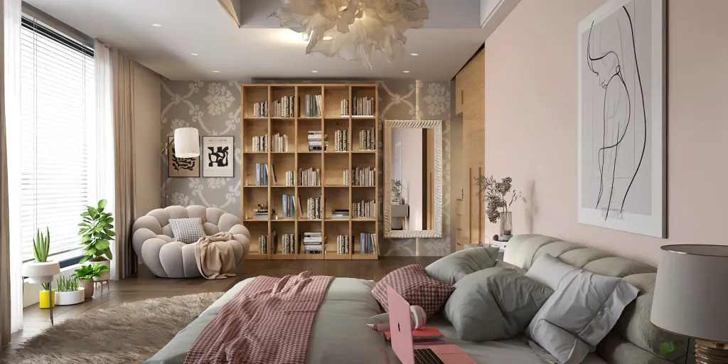 a living room with a couch, bookshelf, and a large window 