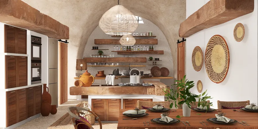 a kitchen with a table and a basket of food 