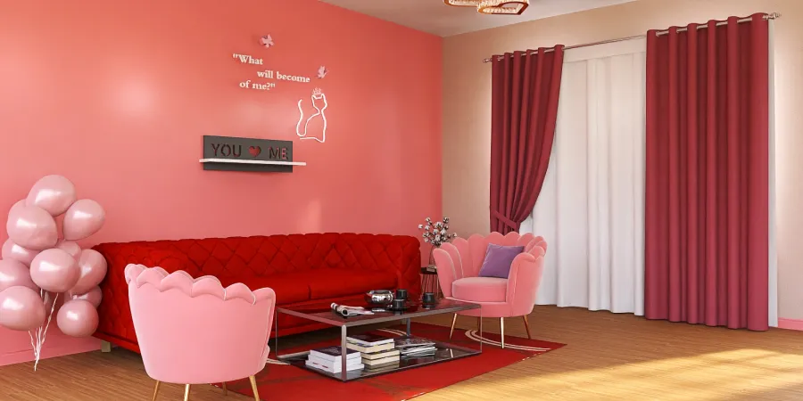 a living room with red walls and a red couch 