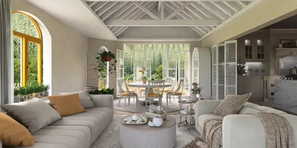 A cozy living room featuring a modern sofa with decorative cushions and a round coffee table, showcasing a bright and airy ambiance with large windows opening to a lush garden, designed in a contemporary style, optimized for residential space planning using Homestyler's real-time 3D rendering feature.