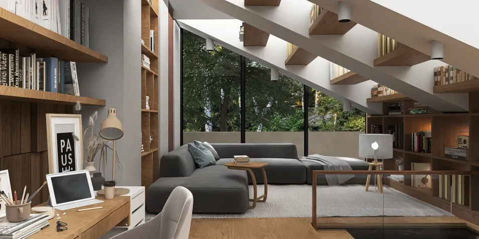 modern living room with sectional sofa and bookshelves, designed using Homestyler's real-time 3D rendering feature for a cozy interior decor experience.