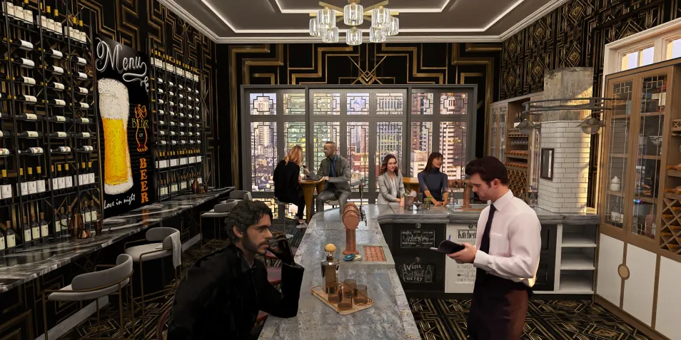 Bar area featuring wine bottles and a bartender serving customers, designed for a modern aesthetic, showcasing interior decor optimization using Homestyler's real-time 3D rendering feature.