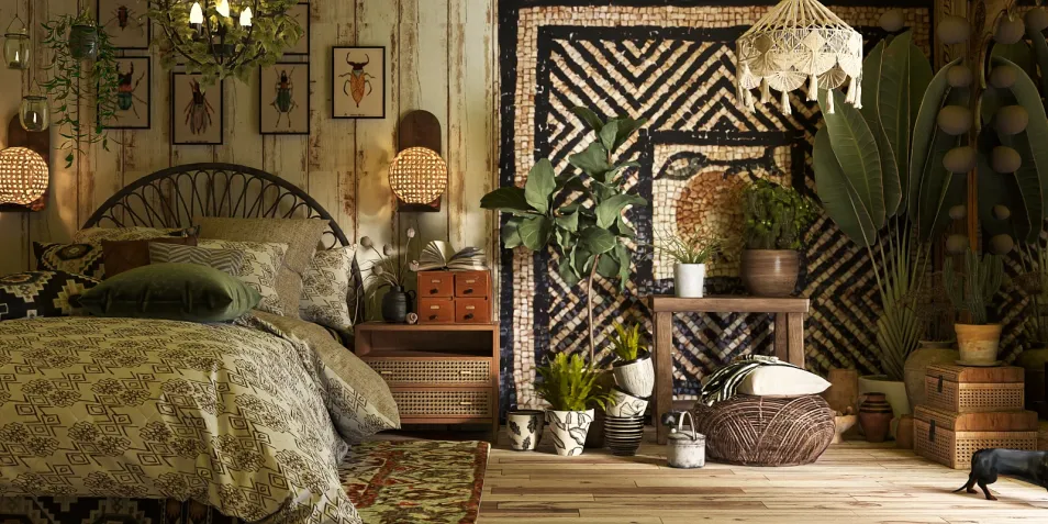 Cozy bedroom featuring a bohemian design with a layered bedding arrangement, complemented by natural materials and lush indoor plants, showcasing Homestyler's real-time 3D rendering for interior decor.
