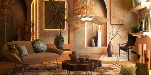 cozy living room design featuring a modern sofa and a wooden coffee table, showcasing warm autumn decor elements, optimized using Homestyler's real-time 3D rendering feature for quick visualization.