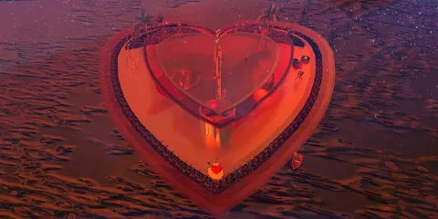 heart-shaped resort design featuring a romantic pool area with palm trees, showcasing a tropical paradise vibe, utilizing Homestyler's real-time 3D rendering for interior design visualization.