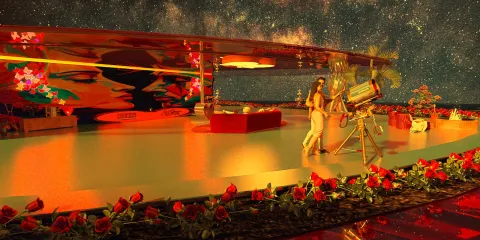 A futuristic interior design featuring a woman interacting with a vintage camera in a vibrant, colorful space surrounded by roses, showcasing a blend of modern art and luxury decor with Homestyler's real-time 3D rendering feature.