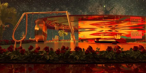 futuristic swimming pool design featuring bold lighting and vibrant decorations, showcasing a luxurious outdoor space with a modern aesthetic, utilizing Homestyler's real-time 3D rendering feature