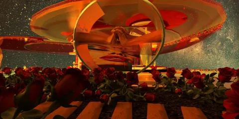 futuristic building design featuring seamless curves and vibrant colors, showcasing a unique architectural style in an outdoor garden surrounded by roses, highlighting the concept of immersive 3D rendering in interior design.