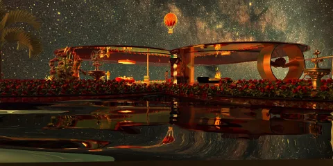 3D outdoor lounge area featuring modern furniture arrangements in a chic style, creating an inviting space perfect for relaxation, with Homestyler's real-time 3D rendering showing a stunning starry sky backdrop.