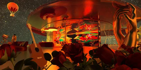 vibrant interior space showcasing a futuristic bar design with artistic elements and floral accents, perfect for unique entertainment experiences, utilizing Homestyler's real-time 3D rendering feature for detailed previews.