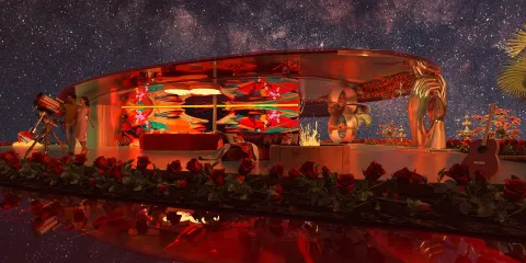 contemporary lounge area showcasing vibrant artwork and floral decor, designed with immersive 3D rendering for a unique interior experience featuring Homestyler's real-time rendering functionality.