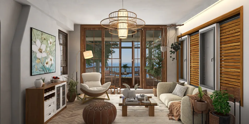 cozy living room interior design showcasing a natural aesthetic with open space and large windows, featuring real-time 3D rendering from Homestyler for accurate design visualization.