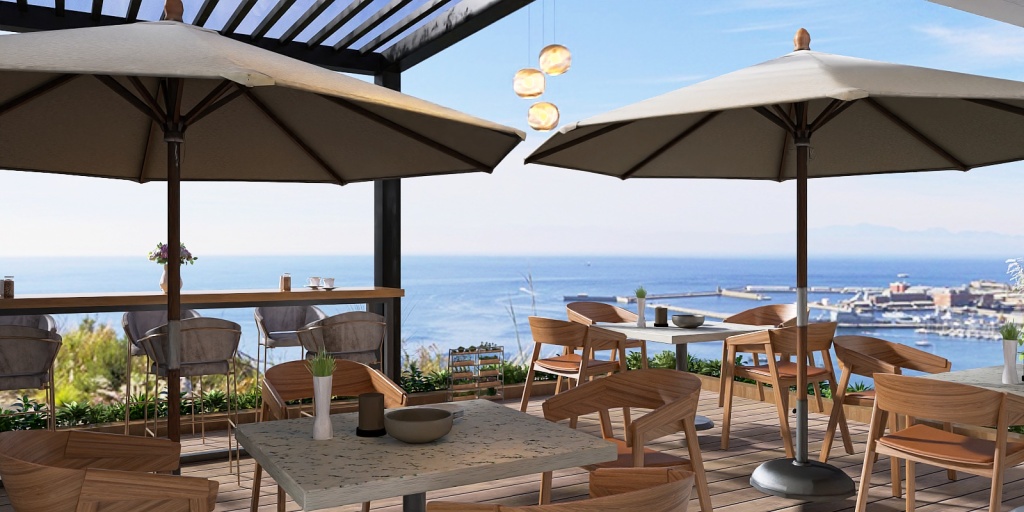 a patio with a table and chairs and a patio umbrella 