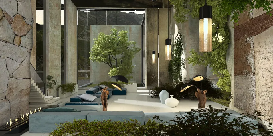 spacious living room with large windows and indoor greenery showcasing modern furniture arrangement in a contemporary style, highlighting Homestyler's real-time 3D rendering feature.