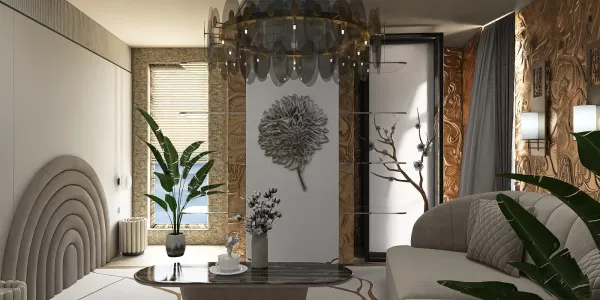 modern living room interior design featuring a stylish sofa and decorative wall art, showcasing a cozy ambiance with indoor plants and elegant lighting, utilizing Homestyler's real-time 3D rendering for design preview.