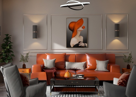 Orange and Gray - Contemporary Living Room Design Rendering