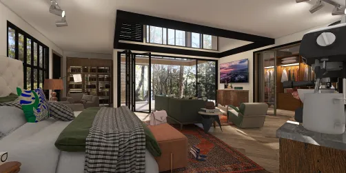a large primary bedroom with a coffee bar