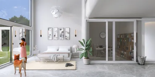 Clean modern bedroom with office