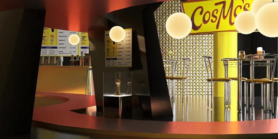 modern bar interior featuring vibrant colors and unique lighting design, showcasing a retro style dining area with a playful atmosphere, utilizing Homestyler's real-time 3D rendering feature for design visualization.