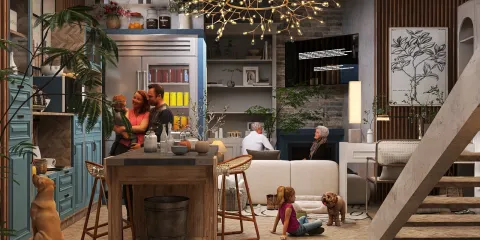family enjoying time together in a cozy kitchen, showcasing a modern design with smart furniture arrangement, enhancing a warm and inviting atmosphere, leveraging Homestyler's real-time 3D rendering feature.