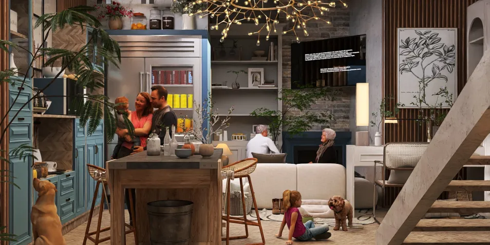 family enjoying time together in a cozy kitchen, showcasing a modern design with smart furniture arrangement, enhancing a warm and inviting atmosphere, leveraging Homestyler's real-time 3D rendering feature.