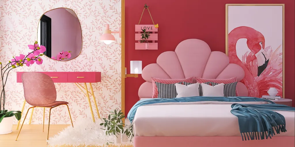 a bed with a pink pillow and a pink chair 