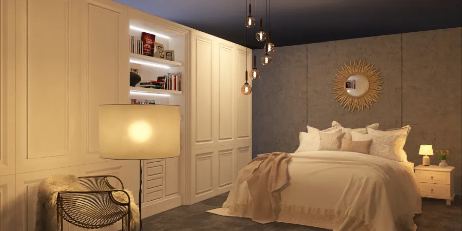 a bedroom with a bed, mirror, and a dresser 