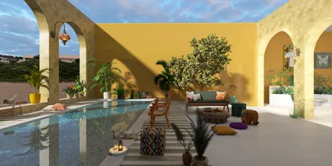 a vibrant outdoor patio area featuring a swimming pool, showcasing modern relaxation furniture and lush greenery, emphasizing tropical interior decor elements; utilizing Homestyler's real-time 3D rendering for an immersive design proposal.