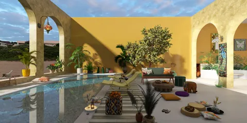 Outdoors pool area with modern lounge chairs and plants, showcasing a vibrant tropical style, enhancing outdoor living space value with Homestyler's real-time 3D rendering feature.