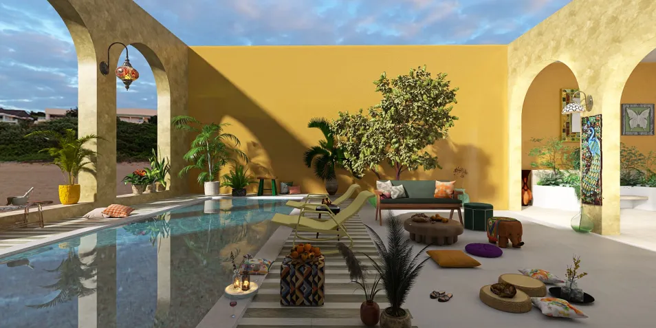 Outdoors pool area with modern lounge chairs and plants, showcasing a vibrant tropical style, enhancing outdoor living space value with Homestyler's real-time 3D rendering feature.