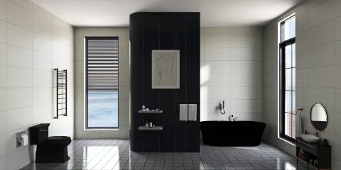 modern bathroom design showcasing a black bathtub and minimalist decor with an emphasis on spaciousness using Homestyler's real-time 3D rendering feature.