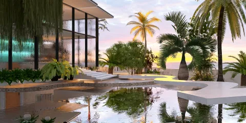 modern outdoor garden design showcasing a tranquil pool area with palm trees and lush greenery, enhancing relaxation and leisure space using Homestyler's real-time 3D rendering feature.