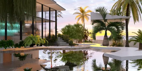 modern exterior landscape design featuring a serene pool with tropical plants and contemporary architecture, showcasing the immersive 3D rendering capabilities of Homestyler