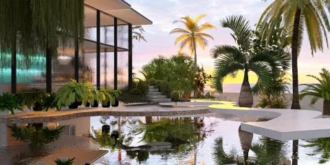 lush greenery surrounding a modern poolside area with sunset lighting, showcasing tropical outdoor design in a serene atmosphere, utilizing Homestyler's real-time 3D rendering feature.