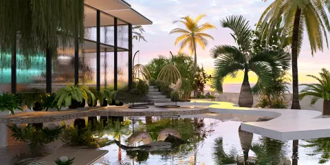 tropical outdoor landscape with modern architecture creating a serene ambiance at sunset, featuring lush greenery and water reflections, utilizing Homestyler's real-time 3D rendering for design visualization.