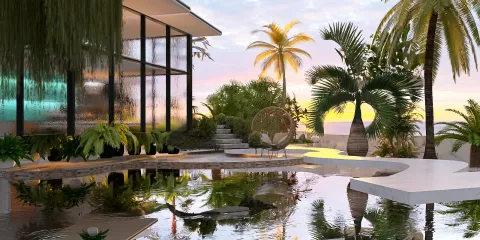 outdoor pool area featuring lush greenery and modern furniture, showcasing tropical landscaping in a contemporary style, emphasizing the aesthetic value of outdoor living spaces through Homestyler's real-time 3D rendering functionality.