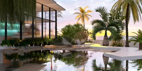 modern outdoor landscape design featuring a tranquil reflective pool and tropical plants creating a serene atmosphere for relaxation, utilizing Homestyler's real-time 3D rendering feature.