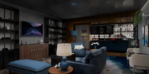 Bachelors apartment living room dining kitchen 