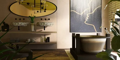 modern bathroom with luxurious freestanding tub and stylish sinks, featuring an elegant minimalist design that enhances the overall aesthetic, showcasing Homestyler's real-time 3D rendering capability for a stunning renovation preview.