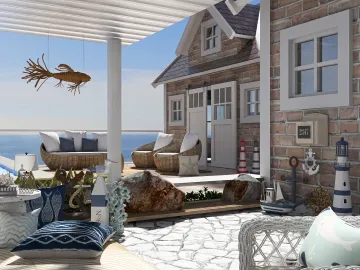 outdoor living space featuring coastal furniture arrangement with a nautical style, enhancing the relaxing atmosphere by the ocean, utilizing Homestyler's real-time 3D rendering for design proposals.