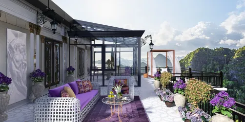 Silver grey, orange and purple backyard