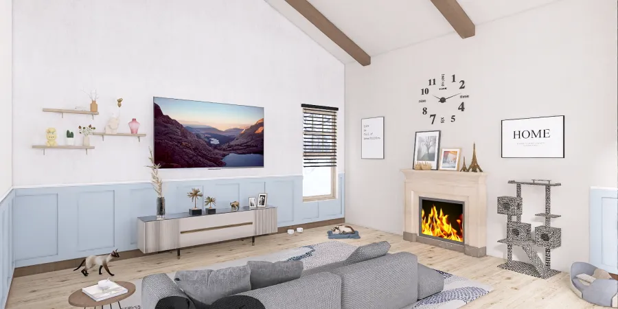 a living room with a fireplace and a large mirror 