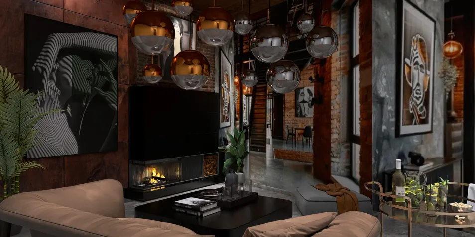 modern living room interior design with cozy furniture arrangement featuring a stylish fireplace, warm lighting accents, and artistic wall decor, utilizing Homestyler's real-time 3D rendering feature for a stunning visual preview