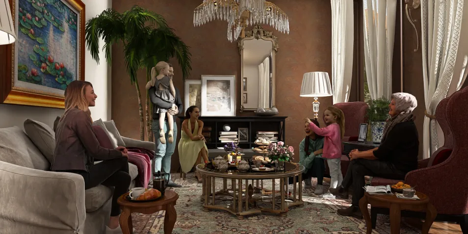 a cozy living room featuring elegant furniture and art decor, hosting a family gathering, modern and classic style, showcasing interior design with Homestyler's real-time 3D rendering feature.