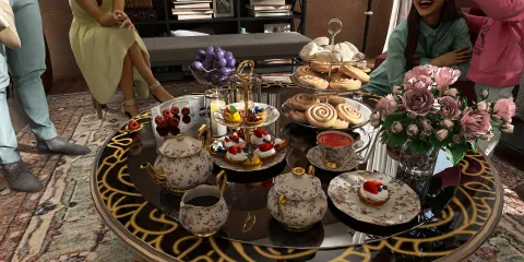 Elegant dessert table featuring assorted pastries and a floral tea set, showcasing a luxurious tea party atmosphere, designed using Homestyler's real-time 3D rendering feature.