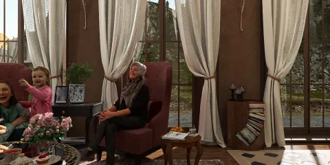 cozy living room with a woman and child enjoying tea time, featuring elegant curtain designs and warm tones, showcasing interior decor ideas with Homestyler's 3D rendering feature.