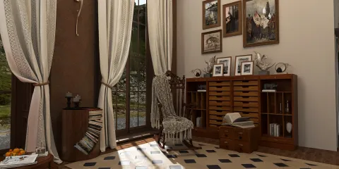 cozy living room featuring vintage furniture arrangement in rustic style, showcasing interior decor elements with Homestyler's real-time 3D rendering capability.